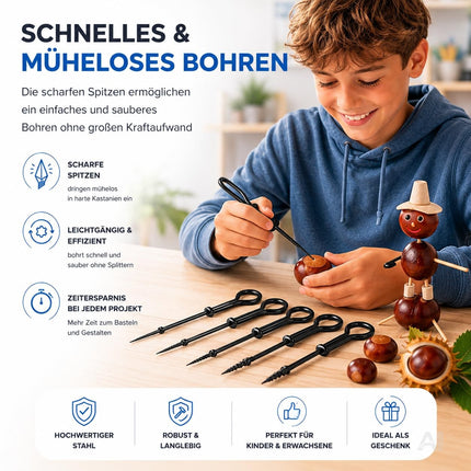 Kastanienbohrer Set – Kastanien Bastelset für Herbst, Figuren & Kastanienmännchen – Bohrer in verschiedenen Größen zum Basteln