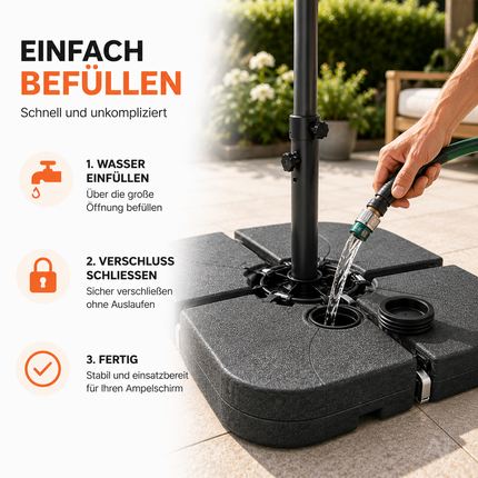 Befüllbare Schirmgewichte für einen Ampelschirm – beim Befüllen mit Wasser