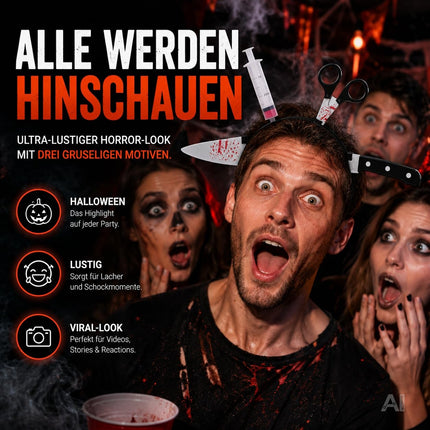 3 in 1 Halloween Horror Accessoire Set – Blutige Spritze, Messer & Schere – Grusel Zubehör für Halloween, Fasching & Kostüm