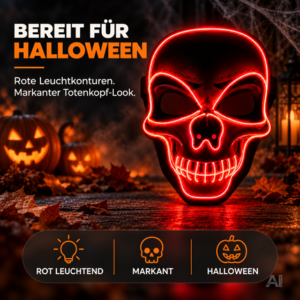 LED Halloween Totenkopf Maske im Purge-Stil, steuerbare Leuchtmaske für Herren & Damen, Kostüm-Accessoire für Fasching & Karneval (LED Totenkopf - Rot)