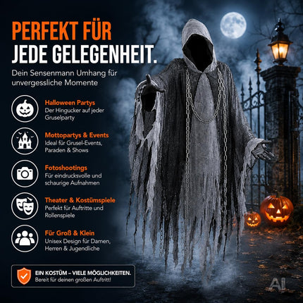 Sensenmann Kostüm Erwachsene – Schwarzer Halloween Umhang mit Kette