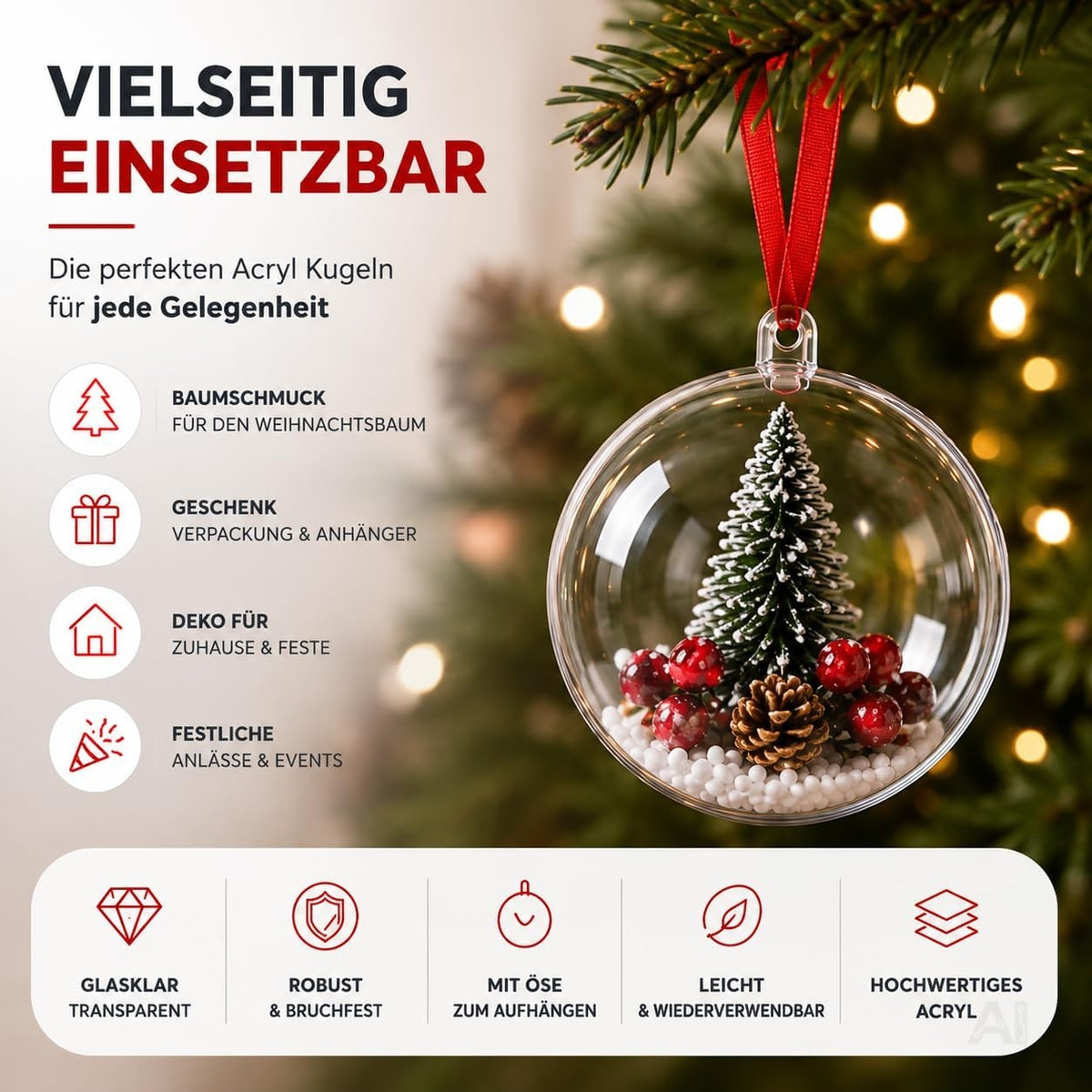 Fünf transparente Kunststoff-Weihnachtskugeln mit Aufhängeösen, Ø 6 cm