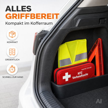 3 in 1 Set Auto Erste Hilfe Kit - KFZ-Verbandskasten, Warnweste, Warndreieck