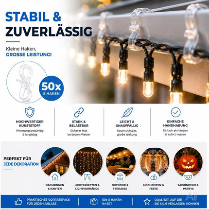 50x S-Haken für Lichterketten & Lichtvorhänge – Dachrinnenhaken zur Befestigung von Weihnachtsbeleuchtung, praktische Halterung für Weihnachtsdeko (50x S Haken)