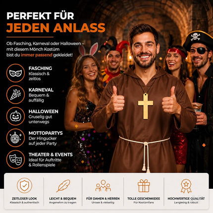 Mönch Kostüm Priester – Mönchskutte mit Kreuz & Kapuze – für Fasching & Karneval & Halloween – Damen & Herren