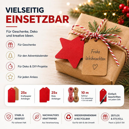 50x Weihnachtsanhänger mit 10 m Schnur – Geschenkanhänger zum Verzieren von Weihnachtsgeschenken, Geschenkdeko für Weihanchten & Advent (50 Set - Mod. 02)