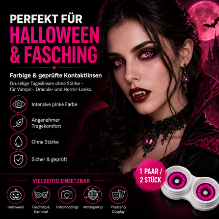 Pink Farbige & Geprüfte Kontaktlinsen - Grußlige Tageslinsen für Halloween & Fasching - ohne Stärke - Vampir & Dracula (Pink, 1 Paar / 2 Stück)