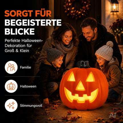 LED Kürbis Halloween Deko mit Beleuchtung – Leuchtender Halloween Kürbis aus Kunststoff für Fenster, Wohnzimmer, Garten & Balkon