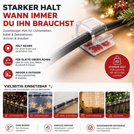 50x Selbstklebende Clips für Lichterketten & Lichtvorhänge – Klebehaken mit Klebestreifen zur Befestigung von Weihnachtsbeleuchtung (50x Klebehaken)