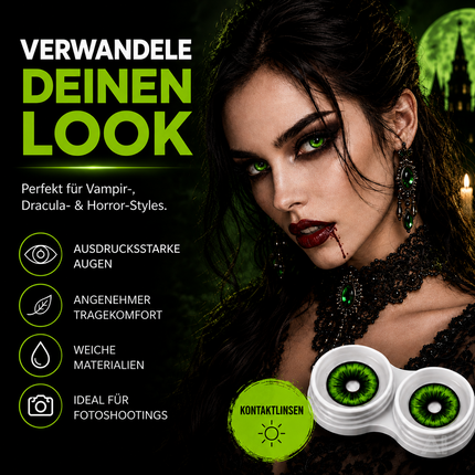 Grün Farbige & Geprüfte Kontaktlinsen - Gruselige Tageslinsen für Halloween & Fasching - ohne Stärke - Vampir & Dracula (Grün, 1 Paar / 2 Stück)