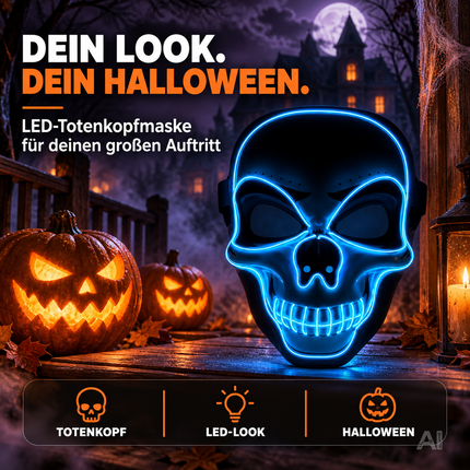 LED Halloween Totenkopf Maske im Purge-Stil, steuerbare Leuchtmaske für Herren & Damen, Kostüm-Accessoire für Fasching & Karneval (LED Totenkopf - Blau)