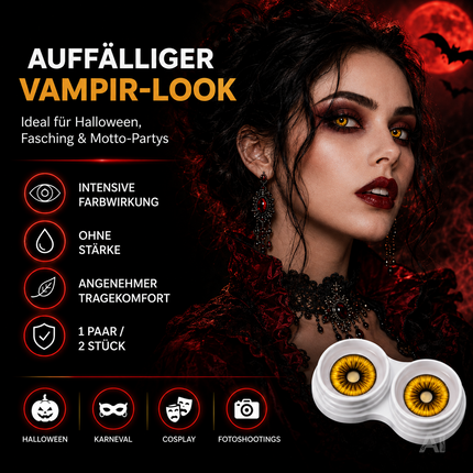 Gelb Farbige & Geprüfte Kontaktlinsen - Grußlige Tageslinsen für Halloween & Fasching - ohne Stärke - Vampir & Dracula (Gelb, 1 Paar / 2 Stück)