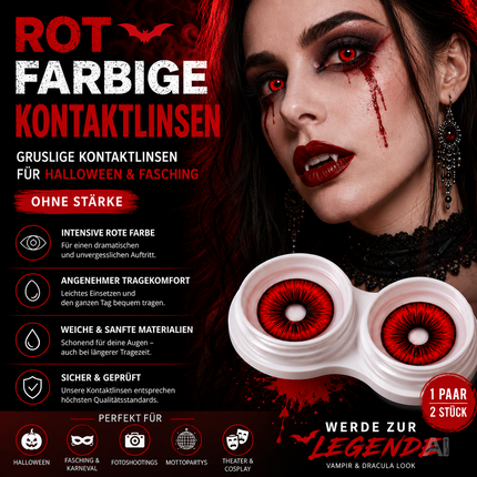 Rot Farbige & Geprüfte Kontaktlinsen - Gruselige Tageslinsen für Halloween & Fasching - ohne Stärke - Vampir & Dracula (Rot, 1 Paar / 2 Stück)