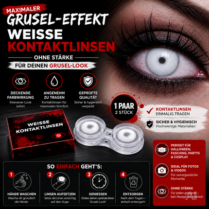 Weiße Farbige & Geprüfte Kontaktlinsen - Gruselige Tageslinsen für Halloween & Fasching - ohne Stärke - Vampir & Dracula (weiß, 1 Paar / 2 Stück)