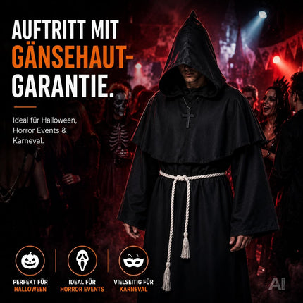 Schwarze Mönch Robe Erwachsene – Halloween Kostüm mit Kapuze