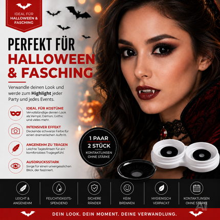 Schwarz Farbige & Geprüfte Kontaktlinsen - Gruselige Tageslinsen für Halloween & Fasching - ohne Stärke - Vampir & Dracula (Schwarz, 1 Paar / 2 Stück)