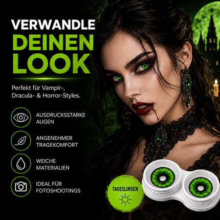 Grün Farbige & Geprüfte Kontaktlinsen - Grußlige Tageslinsen für Halloween & Fasching - ohne Stärke - Vampir & Dracula (Grün, 1 Paar / 2 Stück)