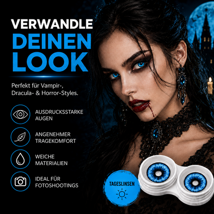 Blau Farbige & Geprüfte Kontaktlinsen - Gruselige Tageslinsen für Halloween & Fasching - ohne Stärke - Vampir & Dracula (Blau, 1 Paar / 2 Stück)