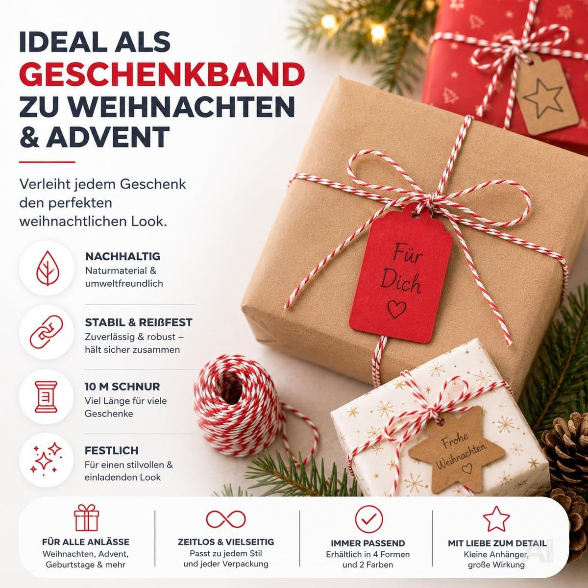 Beschriften und Anbringen von Weihnachts-Geschenkanhängern an einem Geschenk