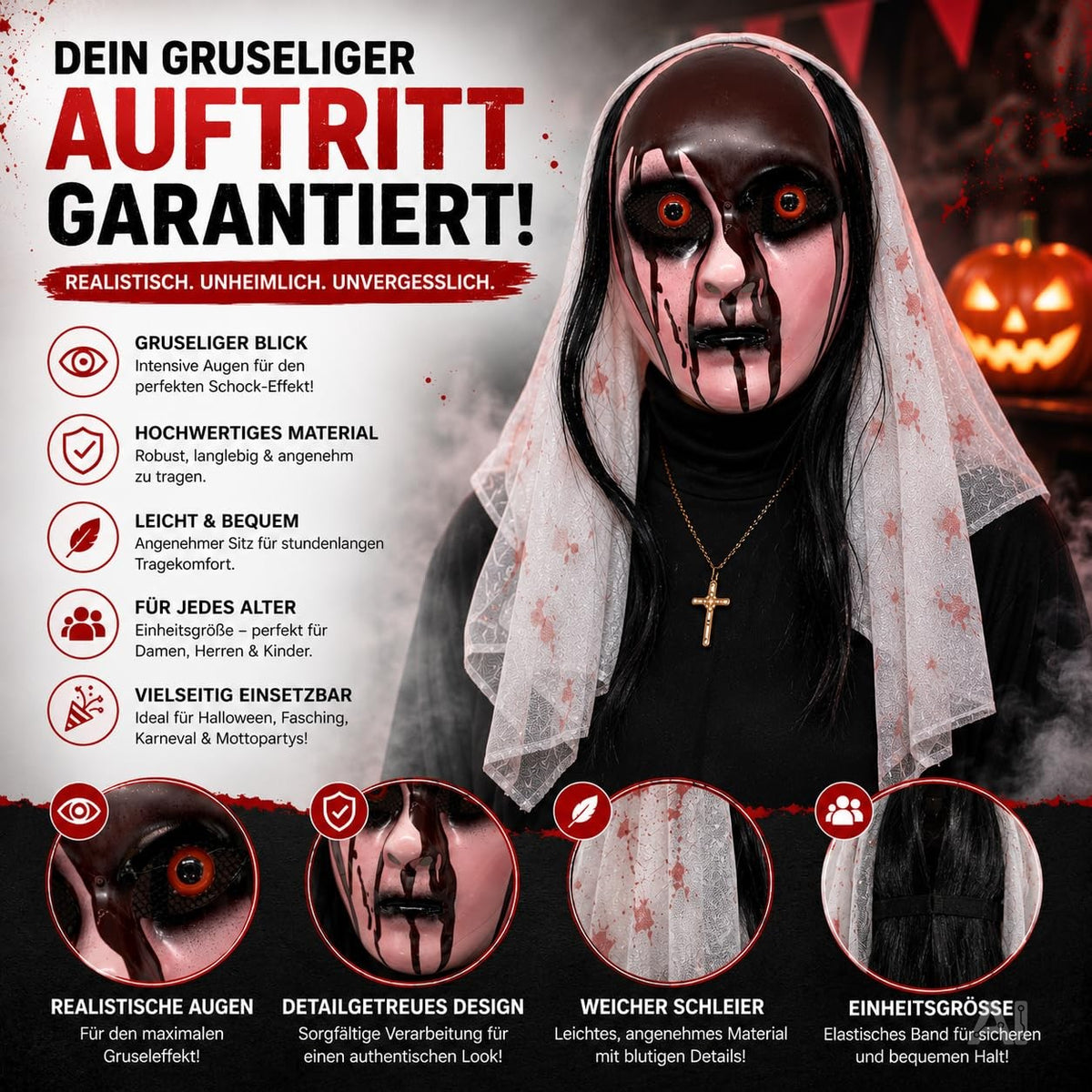 Horror Nonnen Maske – Gruselige Braut Halloween Kostüm Zubehör