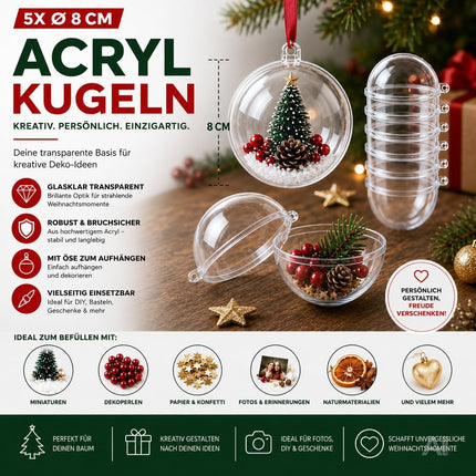 5x Weihnachtskugeln aus Kunststoff – Transparente Acrylkugeln in Glasoptik mit Aufhängeöse, Christbaumschmuck & Weihnachtsdeko - Weihnachten & Advent (5x Ø 8 cm)