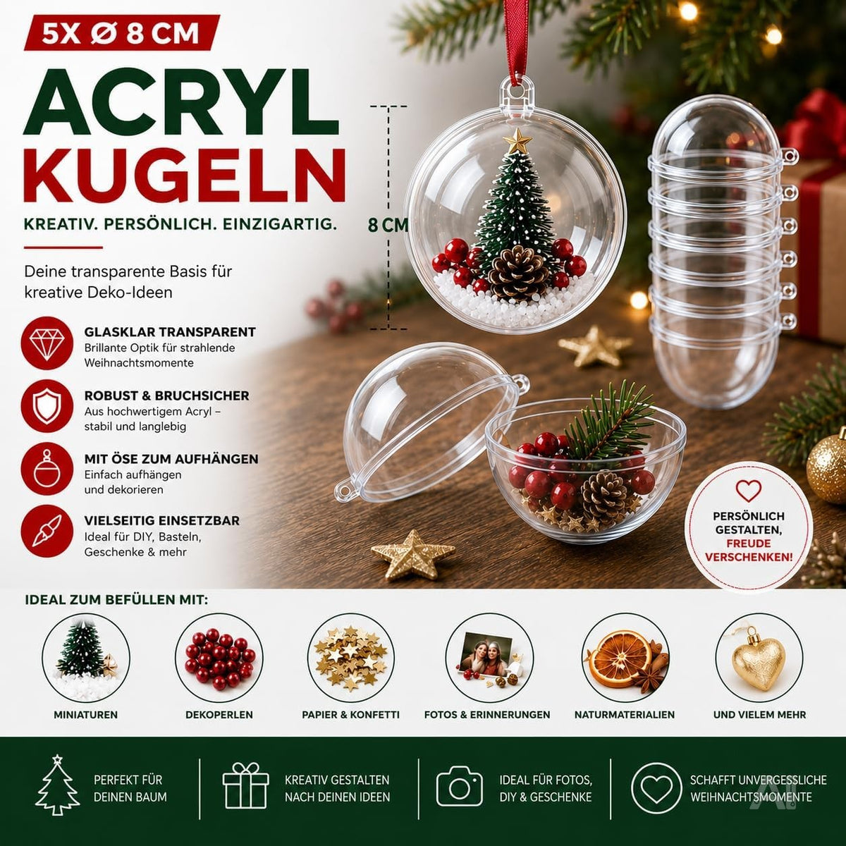 Fünf transparente Kunststoff-Weihnachtskugeln mit Aufhängeösen, Ø 8 cm