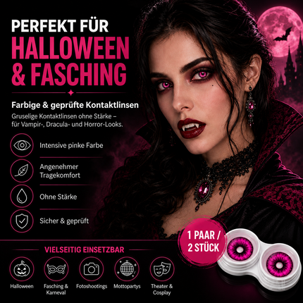 Pink Farbige & Geprüfte Kontaktlinsen - Gruselige Tageslinsen für Halloween & Fasching - ohne Stärke - Vampir & Dracula (Pink, 1 Paar / 2 Stück)