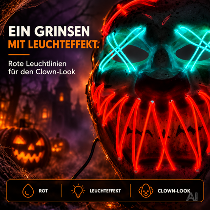 LED Halloween Clown Maske im Purge-Stil, steuerbare Leuchtmaske mit leuchtendem Gesicht für Herren & Damen, Kostüm-Accessoire für Fasching & Karneval (LED Horror Clown)