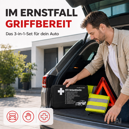 3 in 1 KFZ Set - KFZ-Verbandskasten, Warnweste, Warndreieck - Pannenset & Unfallzubehör für PKW – Detailansicht 4