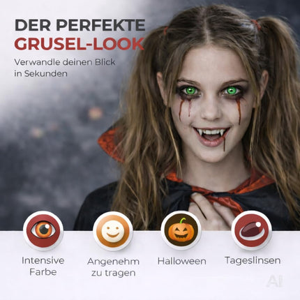 Halloween Kontaktlinsen ohne Stärke – Gruselige Vampir & Dracula Linsen für Fasching, Karneval, Cosplay & Halloween (Grün, 1 Paar / 2 Stück)