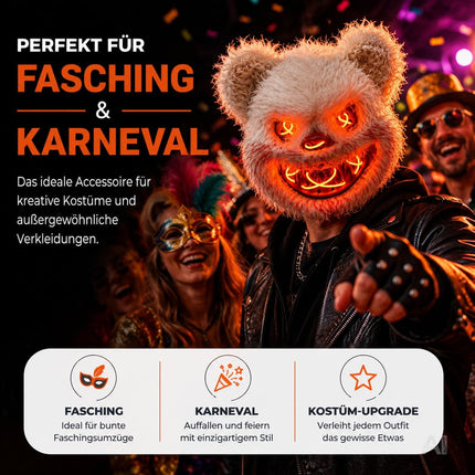 LED Teddy Halloween Maske im Purge-Stil, steuerbare Maske mit leuchtendem Gesicht für Herren & Damen, Kostüm-Accessoire für Fasching & Karneval (LED Horror Teddy)