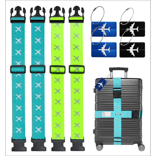 4er Kofferband Set farbig mit Kofferanhänger - als Adressanhänger für Koffer & Gepäck