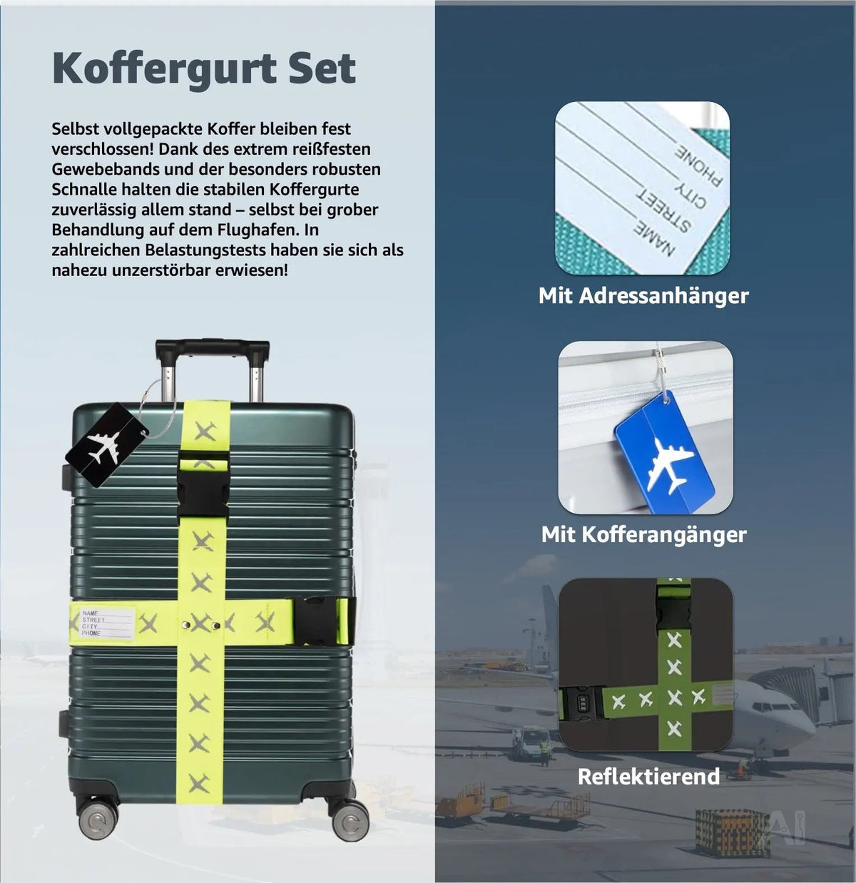 4er Kofferband mit Kofferanhänger Set farbig - als Adressanhänger für Koffer & Gepäck – Detailansicht 2