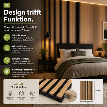 4er Set Akustikpaneele 3D – 115 x 60 x 2,1 cm Wandpaneele zur Schalldämmung – Moderne Holzoptik für stilvolle Wandverkleidung & bessere Raumakustik (4er Set Walnuss)