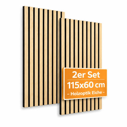 4er Set Akustikpaneele 3D – Schalldämmende Wandpaneele 115 x 60 x 2,1 cm – Holzoptik Wandverkleidung für Wohnraum & Büro (4er Set Eiche)
