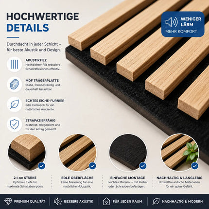 4er Set Akustikpaneele 3D – Schalldämmende Wandpaneele 115 x 60 x 2,1 cm – Holzoptik Wandverkleidung für Wohnraum & Büro (4er Set Eiche)