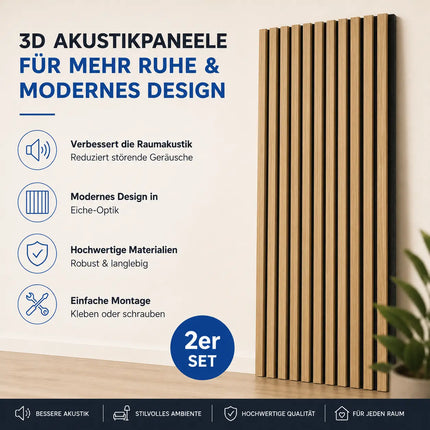 4er Set Akustikpaneele 3D – Schalldämmende Wandpaneele 115 x 60 x 2,1 cm – Holzoptik Wandverkleidung für Wohnraum & Büro (4er Set Eiche)
