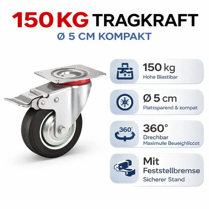 4er Set Schwerlastrollen mit Bremse – Lenkrollen bis 400 kg belastbar – Transportrollen Möbel, Werkbank, Maschinen, Rollwagen (4x Lenkrollen ∅10 cm)