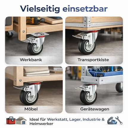 4er Set Schwerlastrollen mit Bremse – Lenkrollen bis 400 kg belastbar – Transportrollen Möbel, Werkbank, Maschinen, Rollwagen (4x Lenkrollen ∅10 cm)