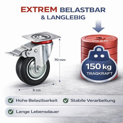 4er Set Schwerlastrollen mit Bremse – Lenkrollen bis 400 kg belastbar – Transportrollen Möbel, Werkbank, Maschinen, Rollwagen (4x Lenkrollen ∅10 cm)