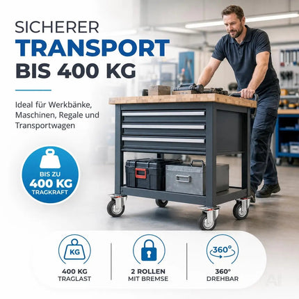 4er Set Schwerlastrollen mit Bremse – Lenkrollen bis 400 kg belastbar – Transportrollen Möbel, Werkbank, Maschinen, Rollwagen (4x Lenkrollen ∅10 cm)