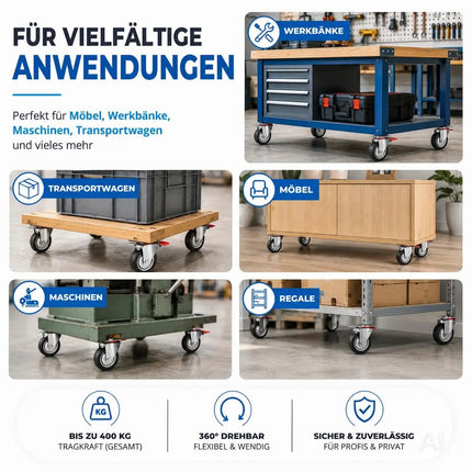4er Set Schwerlastrollen mit Bremse – Lenkrollen bis 400 kg belastbar – Transportrollen Möbel, Werkbank, Maschinen, Rollwagen (4x Lenkrollen ∅10 cm)