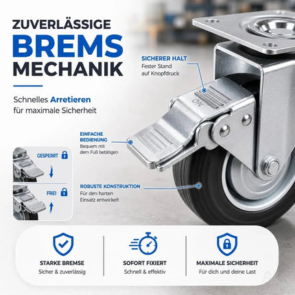 4er Set Schwerlastrollen mit Bremse – Lenkrollen bis 400 kg belastbar – Transportrollen Möbel, Werkbank, Maschinen, Rollwagen (4x Lenkrollen ∅10 cm)