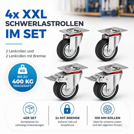 4er Set Schwerlastrollen mit Bremse – Lenkrollen bis 400 kg belastbar – Transportrollen Möbel, Werkbank, Maschinen, Rollwagen (4x Lenkrollen ∅10 cm)