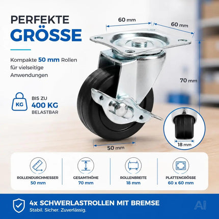 4er Set Schwerlastrollen mit Bremse – Lenkrollen bis 400 kg belastbar – Transportrollen Möbel – Detailansicht 3