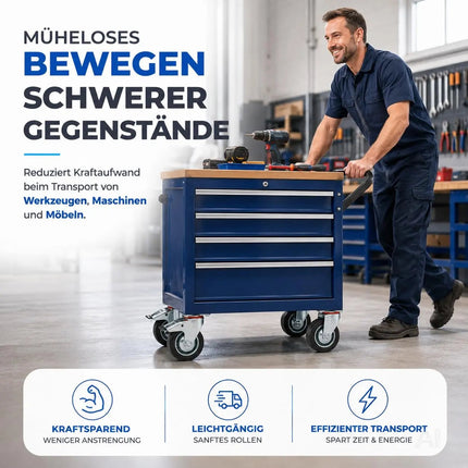 4er Set Schwerlastrollen mit Bremse – Lenkrollen bis 400 kg belastbar – Transportrollen Möbel – Detailansicht 4