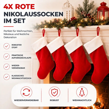4er Set Weihnachtsstrümpfe – Nikolaussocken zum Aufhängen & Befüllen für Kamin und Deko