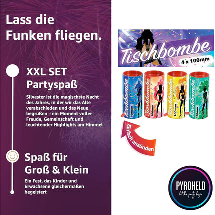 4er Tischbomben Party Set Partypopper für Silvester & Partys, Jugendfeuerwerk Kat. F1 für Kinder & Jugendliche 2026 - Jugendfeuerwerk