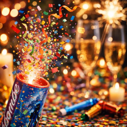 4er Tischbomben Party Set Partypopper für Silvester & Partys, Jugendfeuerwerk Kat. F1 für Kinder & Jugendliche 2026 - Jugendfeuerwerk