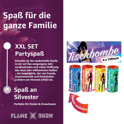 4er Tischbomben für Kinder & Jugendliche, Partypopper für Silvester und Feierlichkeiten, geprüftes Kat. F1 - Partyset 2025: